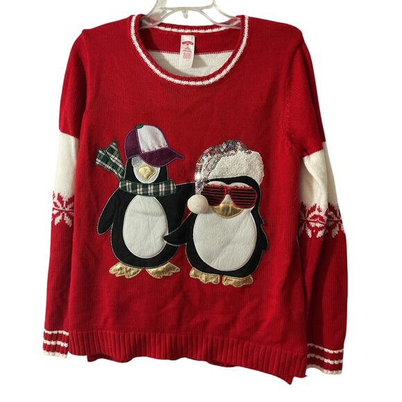Holiday Time Penguin Accent Sweater Sequins Red Medium 8/10 - Picture 1 of 7